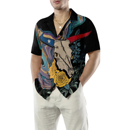 Artistic Longhorn Skull Texas Hawaiian Shirt, Black Royal Gold Rose Aloha Shirt For Men, Bluebonnet Proud Texas Shirt For Texans, Best Gift For Summer, Husband, Boyfriend