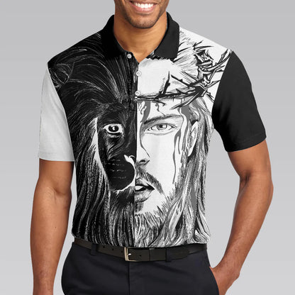 Jesus Christ Lion Contrast Art Christian Men Polo Shirt, Black And White Christian Shirt For Men, Best Shirt For Christian