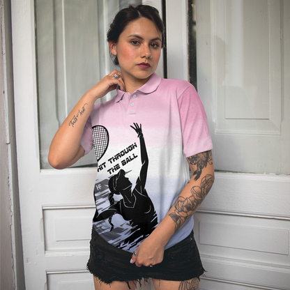 Hit Through The Tennis Ball Dip-dyed Pink Short Sleeve Women Polo Shirt, Black And White Girl Plays Tennis Polo Shirts For Ladies, Cool Tennis Gift