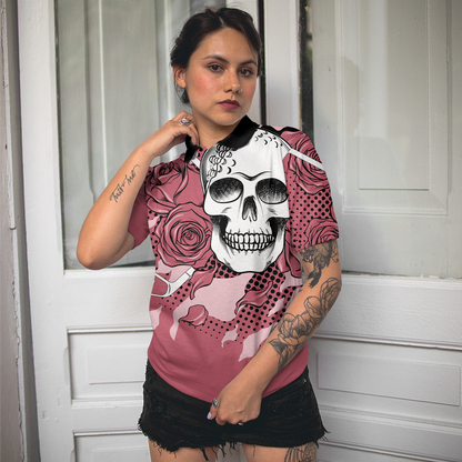 Golf Pink Skull Ladies Short Sleeve Women Polo Shirt, Rose Golf Shirt For Ladies, Cool Female Golf Gift