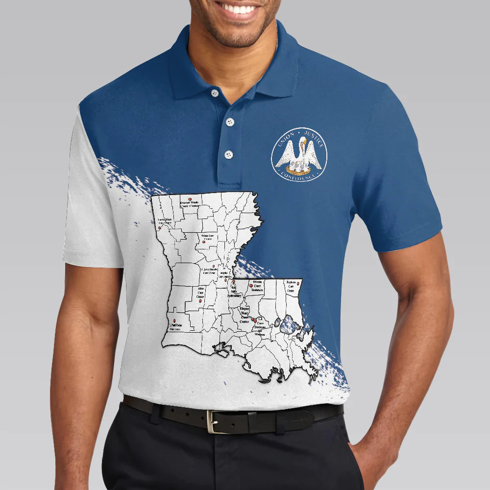 Men Polo Shirt - Louisiana State And Map Short Sleeve Polo Shirt - Cool Lousiana Flag Shirt For Men
