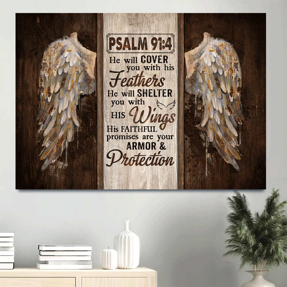 Jesus Landscape Canvas - Vintage Wings, Christian Gift, Bible Verse Canvas - Gift For Christian - He Will Cover You With His Feathers Canvas