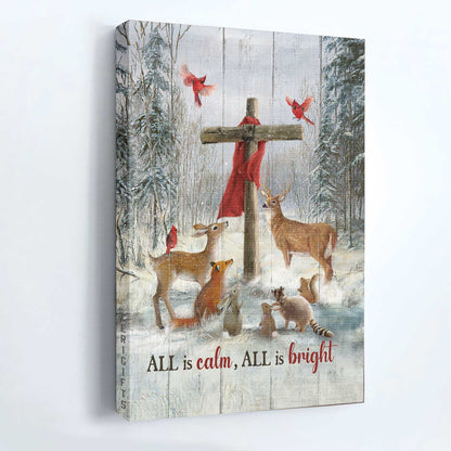 Jesus Portrait Canvas - Animal painting, Wooden cross Portrait Canvas - Gift For Christian - All is calm all is bright