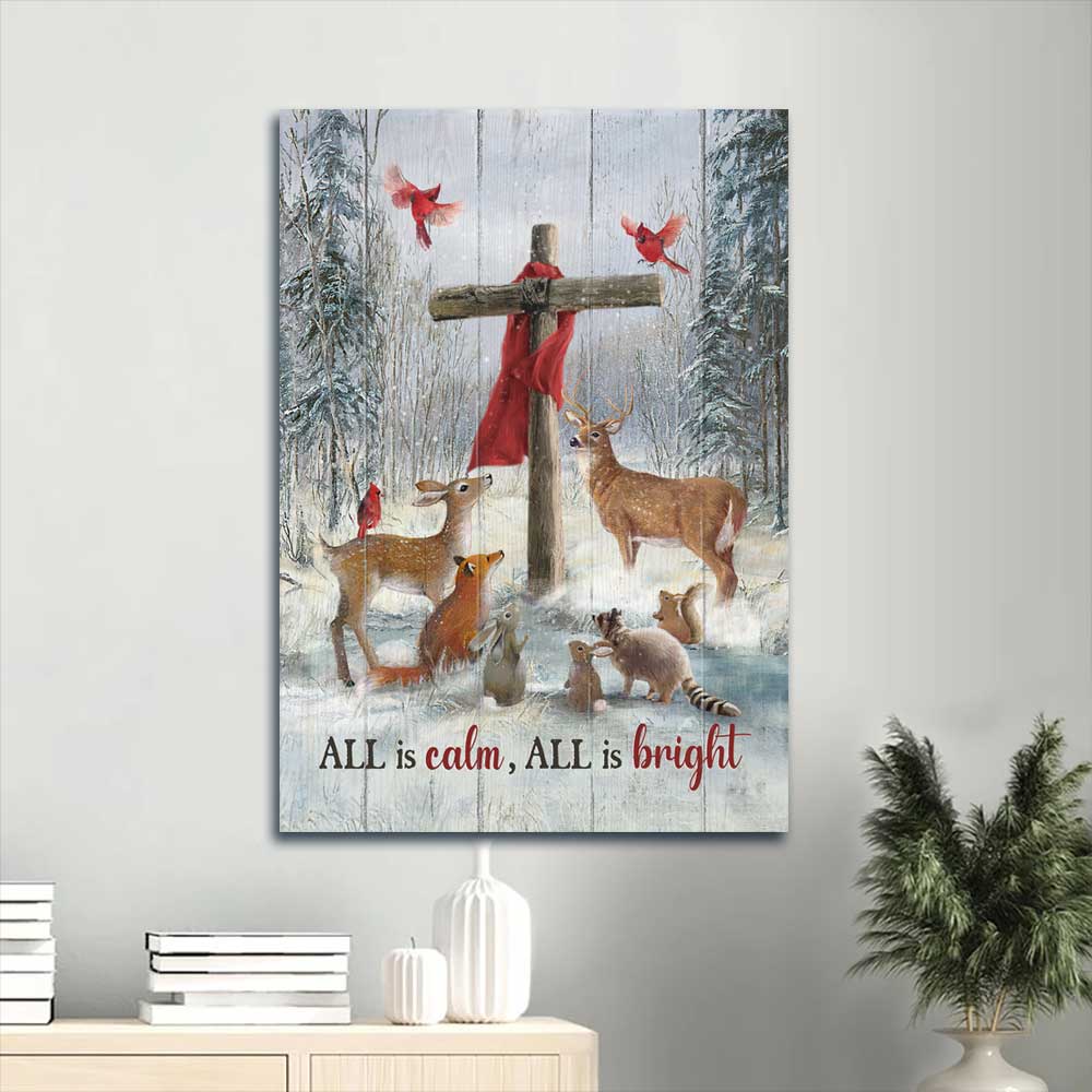 Jesus Portrait Canvas - Animal painting, Wooden cross Portrait Canvas - Gift For Christian - All is calm all is bright