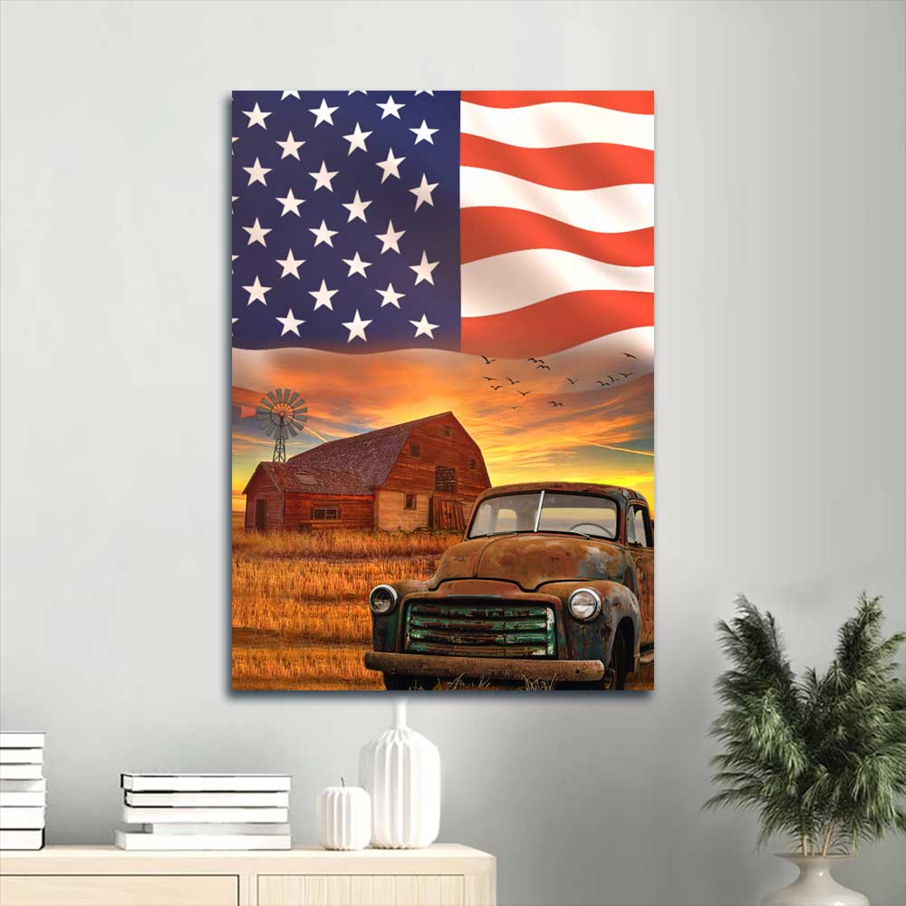 Jesus Portrait Canvas - Antique Ladybug Car, Rice Field, Big Us Flag, Old Barn Portrait Canvas - Gift For Christian