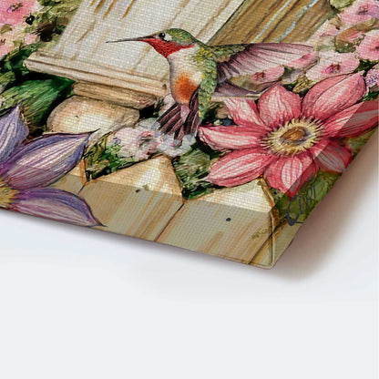 Jesus Portrait Canvas - Antique birdhouse, Colorful hummingbird, Pink flower garden Portrait Canvas - Gift For Christian