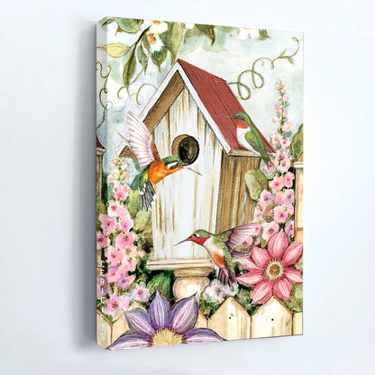 Jesus Portrait Canvas - Antique birdhouse, Colorful hummingbird, Pink flower garden Portrait Canvas - Gift For Christian