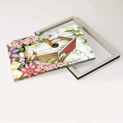 Jesus Portrait Canvas - Antique birdhouse, Colorful hummingbird, Pink flower garden Portrait Canvas - Gift For Christian