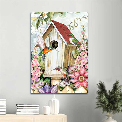 Jesus Portrait Canvas - Antique birdhouse, Colorful hummingbird, Pink flower garden Portrait Canvas - Gift For Christian
