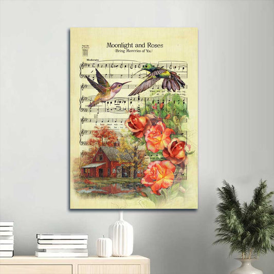 Jesus Portrait Canvas - Antique music sheet, Big hummingbird, Orange rose Portrait Canvas - Gift For Christian - Moonlight and roses
