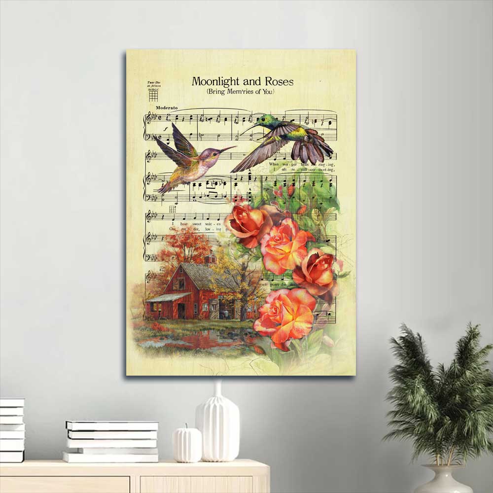 Jesus Portrait Canvas - Antique music sheet, Big hummingbird, Orange rose Portrait Canvas - Gift For Christian - Moonlight and roses