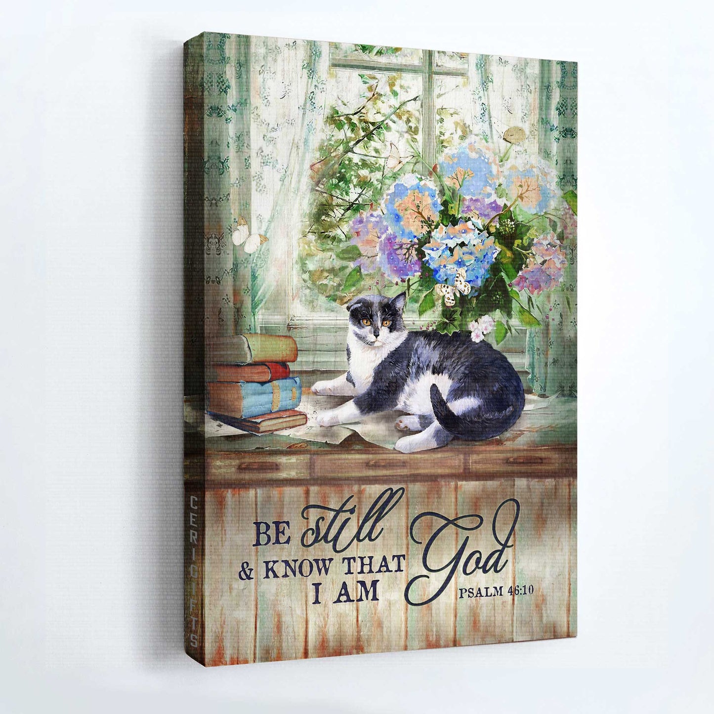Jesus Portrait Canvas - Beautiful cat drawing, Hydrangea vase, Book Portrait Canvas - Gift For Christian - Be still and know that I am God