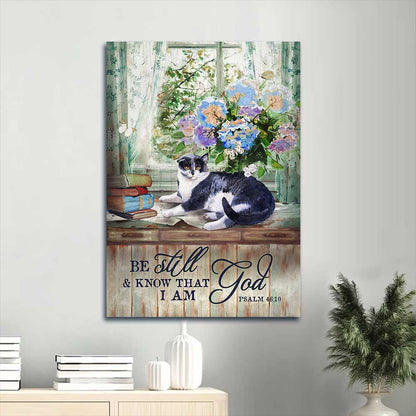Jesus Portrait Canvas - Beautiful cat drawing, Hydrangea vase, Book Portrait Canvas - Gift For Christian - Be still and know that I am God