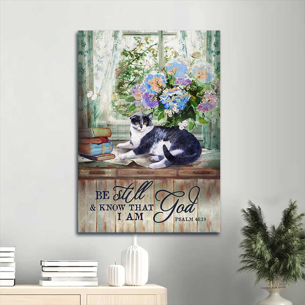 Jesus Portrait Canvas - Beautiful cat drawing, Hydrangea vase, Book Portrait Canvas - Gift For Christian - Be still and know that I am God