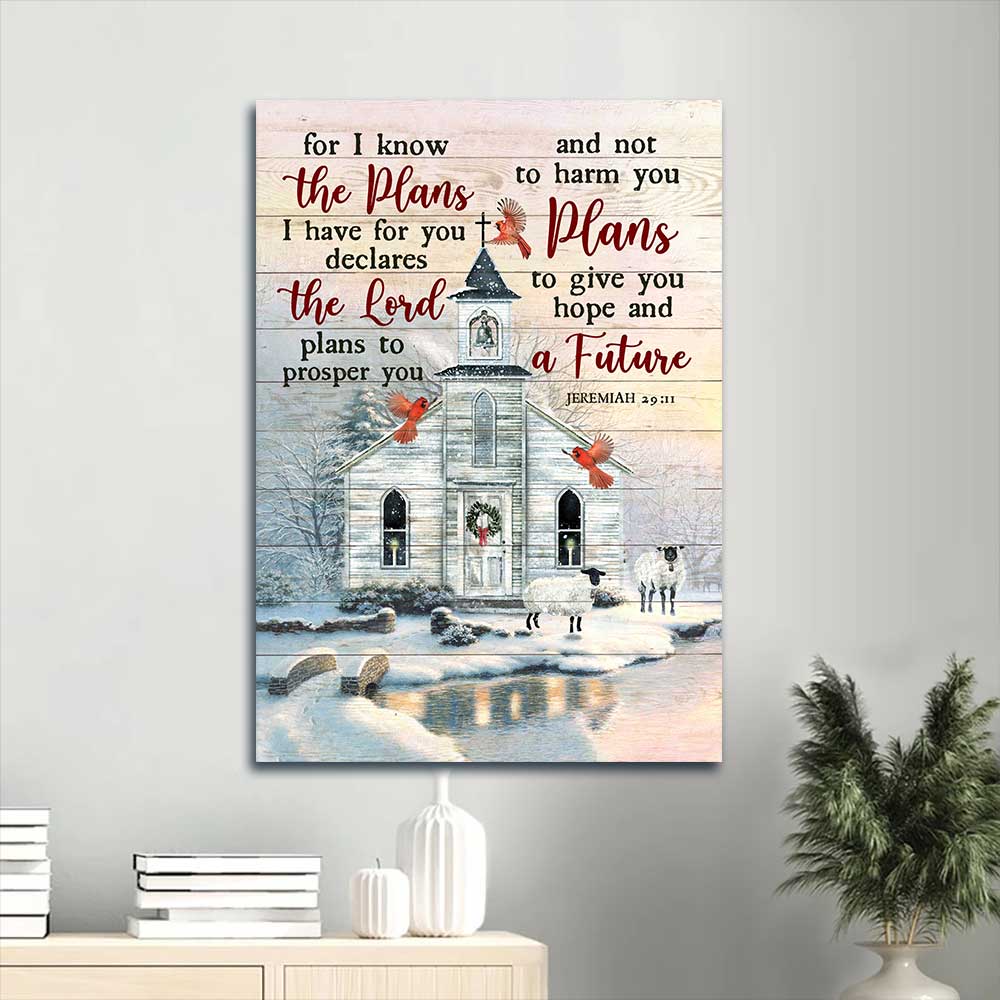 Jesus Portrait Canvas - Beautiful church, Cardinal, Sheep, Winter Portrait Canvas - Gift For Christian -  For I know the plans I have for you