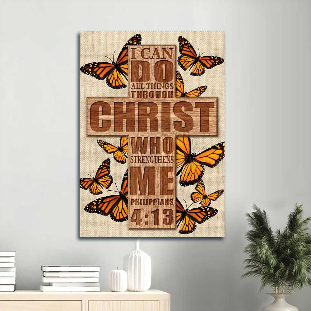 Jesus Portrait Canvas - Beautiful cross, Orange butterfly Portrait Canvas - Gift For Christian - I can do all things through Christ who strengthens me