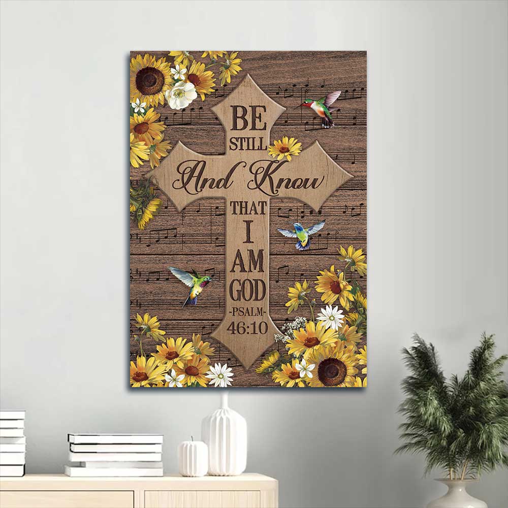 Jesus Portrait Canvas - Beautiful cross, Yellow daisy frame, Hummingbird Portrait Canvas - Gift For Christian - Be still and know that I am God