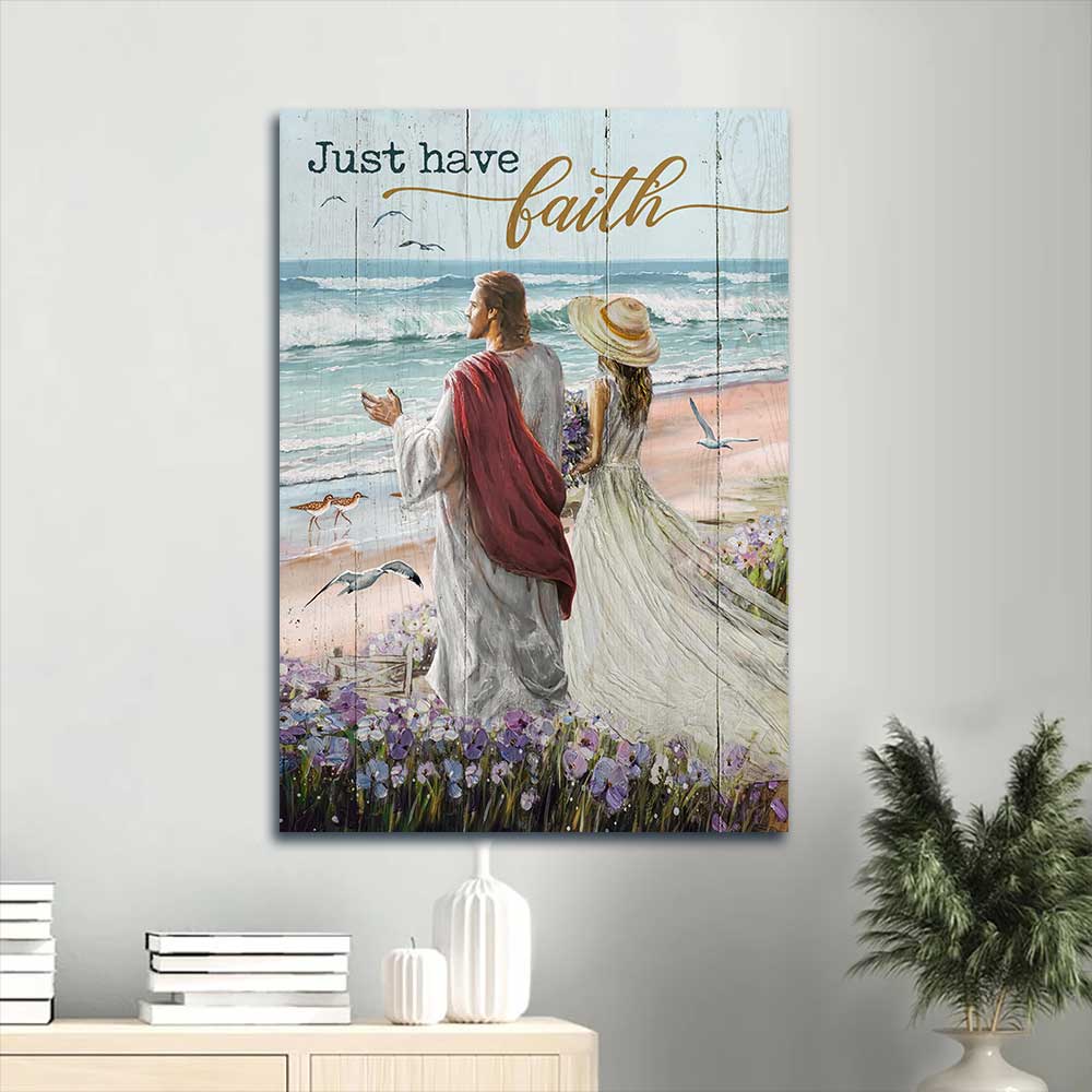 Jesus Portrait Canvas - Beautiful girl, Walk with Jesus, Blue ocean canvas- Gift for Christian- Just have faith