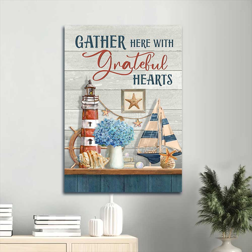 Jesus Portrait Canvas - Beautiful lighthouse, Blue hydrangea, Beach symbol Portrait Canvas - Gift For Christian - Gather here with grateful hearts