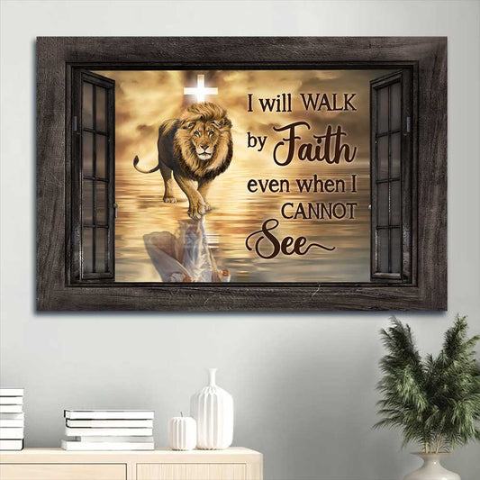 Jesus Landscape Canvas - Beautiful lion, Light cross, Walking on water Landscape Canvas - Gift For Christian - I will walk by faith