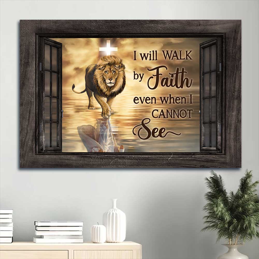 Jesus Landscape Canvas - Beautiful lion, Light cross, Walking on water Landscape Canvas - Gift For Christian - I will walk by faith