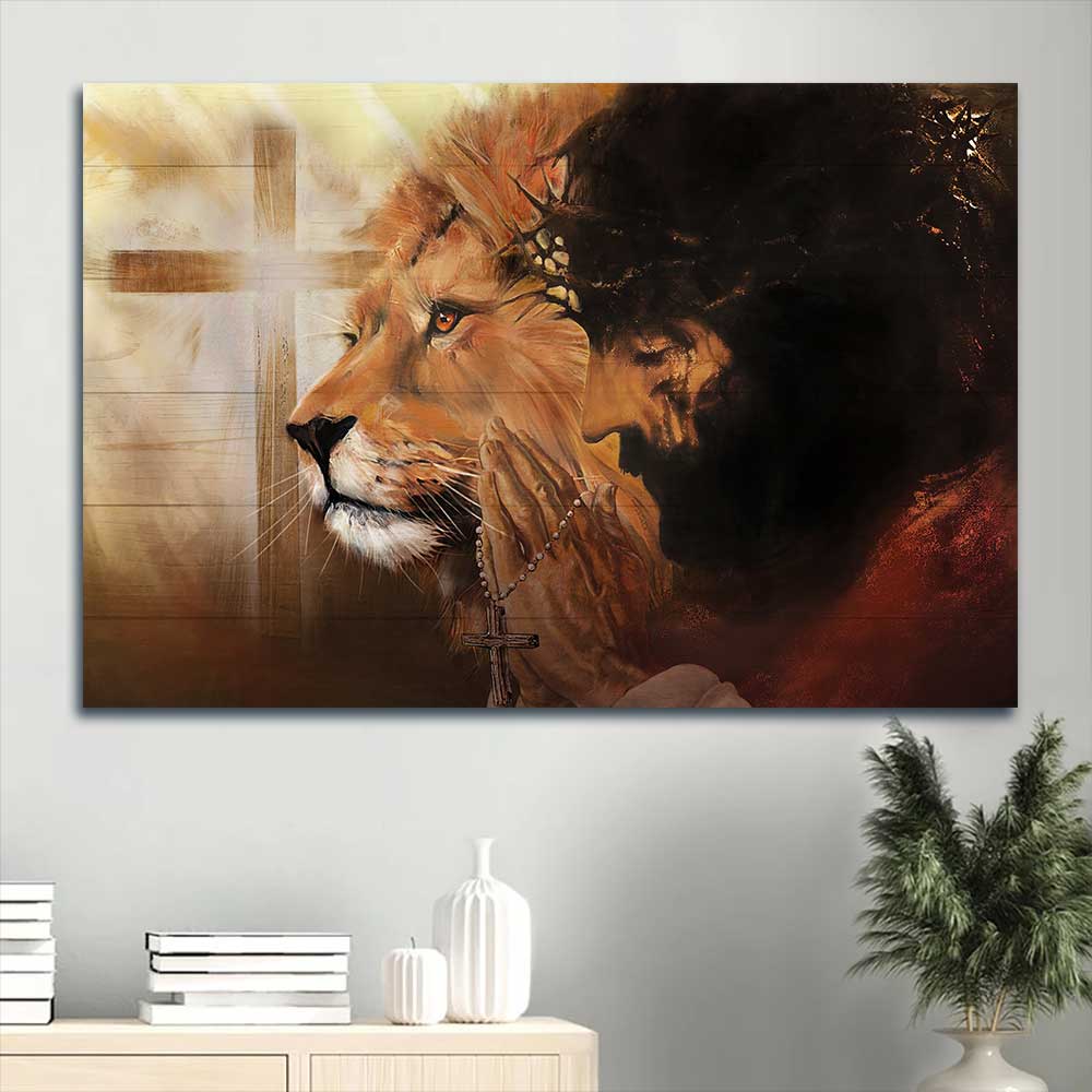 Jesus Landscape Canvas - Beautiful lion, Real face of Jesus, Cross symbol, Pray for healing Landscape Canvas - Gift For Christian