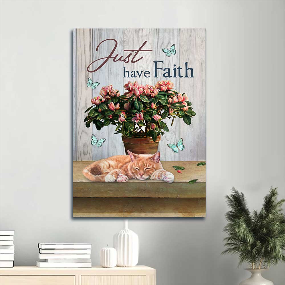 Jesus Portrait Canvas - Beautiful pink flower, Sleeping cat, Pretty butterfly Portrait Canvas - Gift For Christian - Just have faith