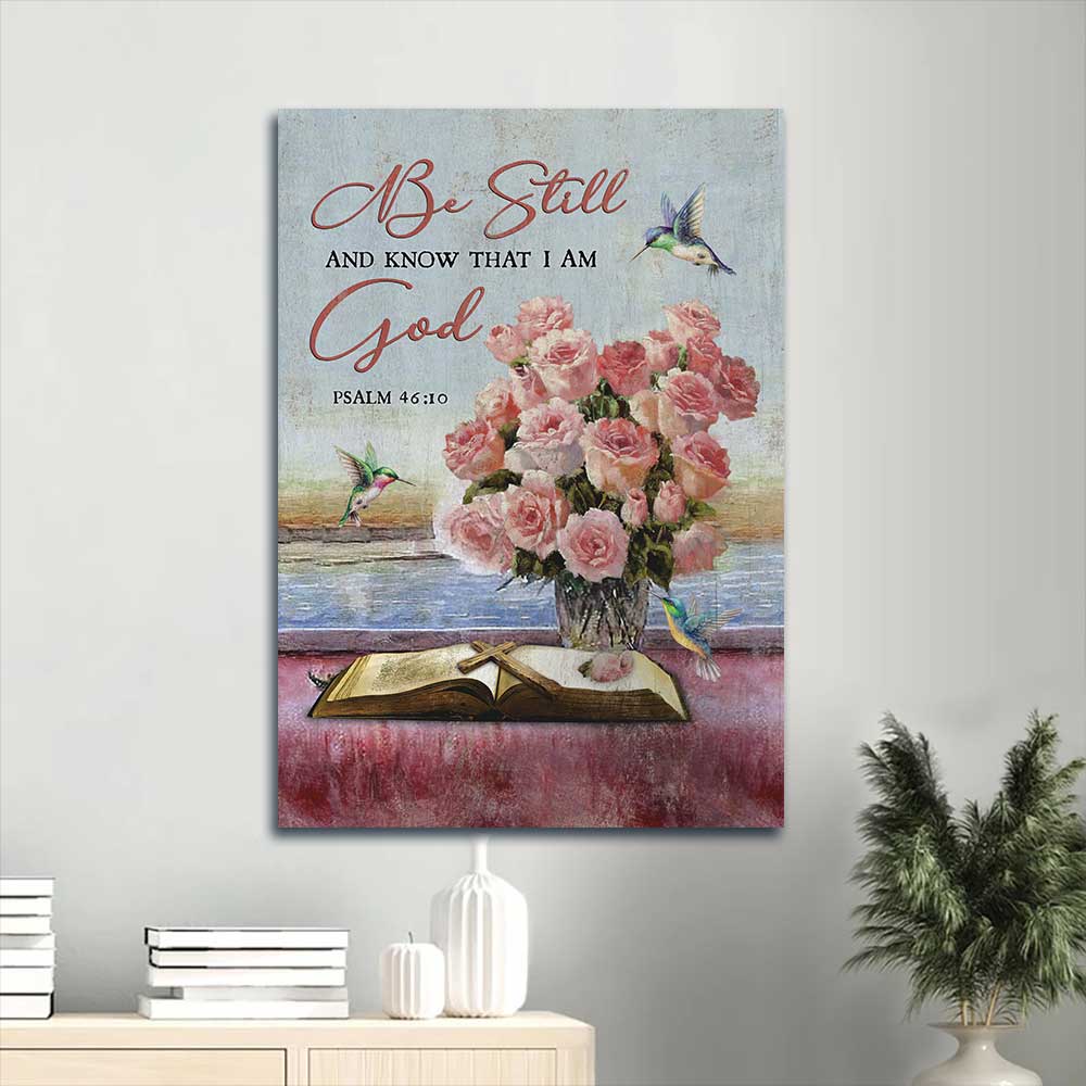 Jesus Portrait Canvas - Beautiful rose vase, Cute hummingbird Portrait Canvas - Gift For Christian - Be still and know that I am God