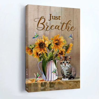 Jesus Portrait Canvas - Beautiful sunflower vase, Little cat, Hummingbird artwork Portrait Canvas - Gift For Christian - Just breathe