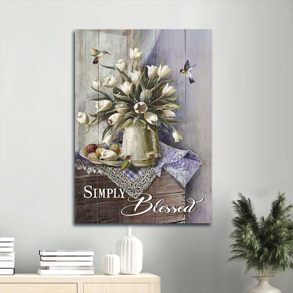 Jesus Portrait Canvas - Beautiful tulip vase, Colorful hummingbird, Still life painting Portrait Canvas - Gift For Christian - Simply blessed