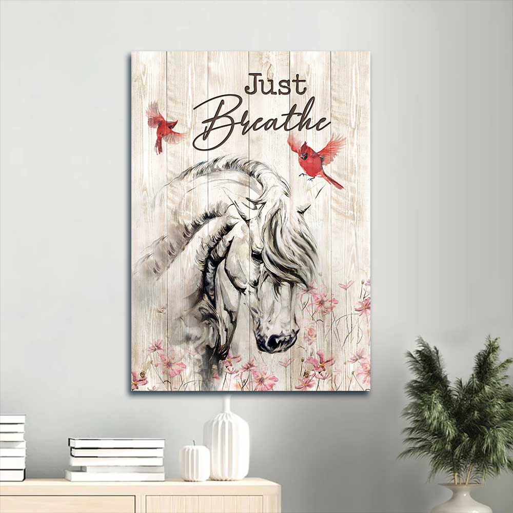 Jesus Portrait Canvas - Beautiful white horse, Red cardinal, Pink flower garden Portrait Canvas - Gift For Christian - Just breathe