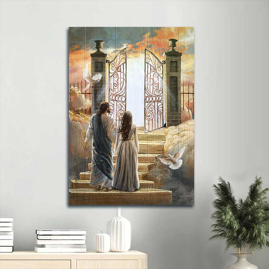 Jesus Portrait Canvas - Beautiful woman, Jesus painting, Flying dove, Heaven door Portrait Canvas - Gift For Christian