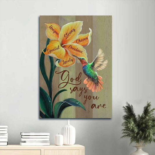 Jesus Portrait Canvas - Beautiful yellow lily, Colorful hummingbird Portrait Canvas - Gift For Christian - God says you are unique