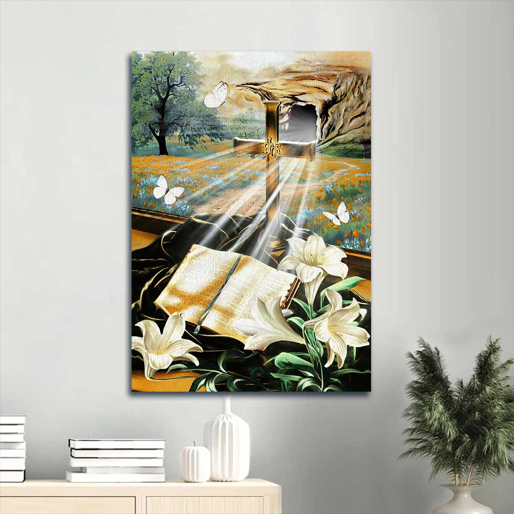 Jesus Portrait Canvas - Bible book, Lily flowers, Golden cross, White butterfly Portrait Canvas - Gift For Christian