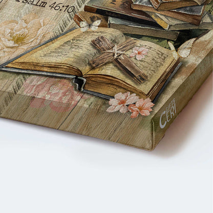 Jesus Portrait Canvas - Bible books, Old rugged cross, Camelia flowers Portrait Canvas - Gift For Christian - Be still I am God Portrait Canvas