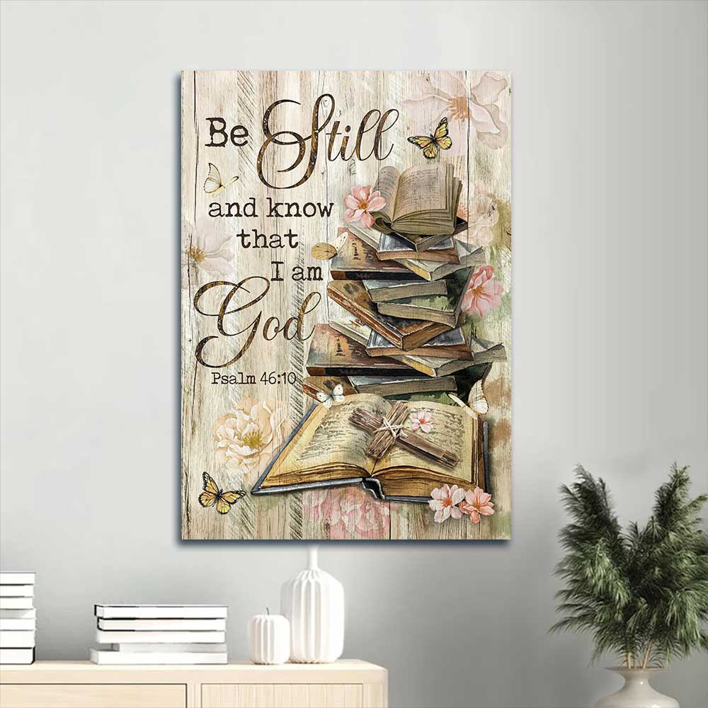 Jesus Portrait Canvas - Bible books, Old rugged cross, Camelia flowers Portrait Canvas - Gift For Christian - Be still I am God Portrait Canvas