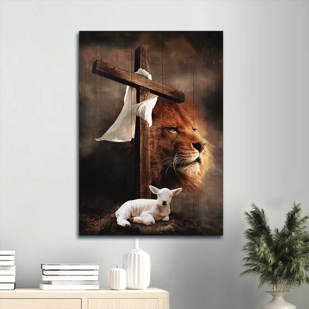 Jesus Portrait Canvas - Big cross, Lion drawing, Lamb of God, King of Kings Portrait Canvas - Gift For Christian - Portrait Canvas