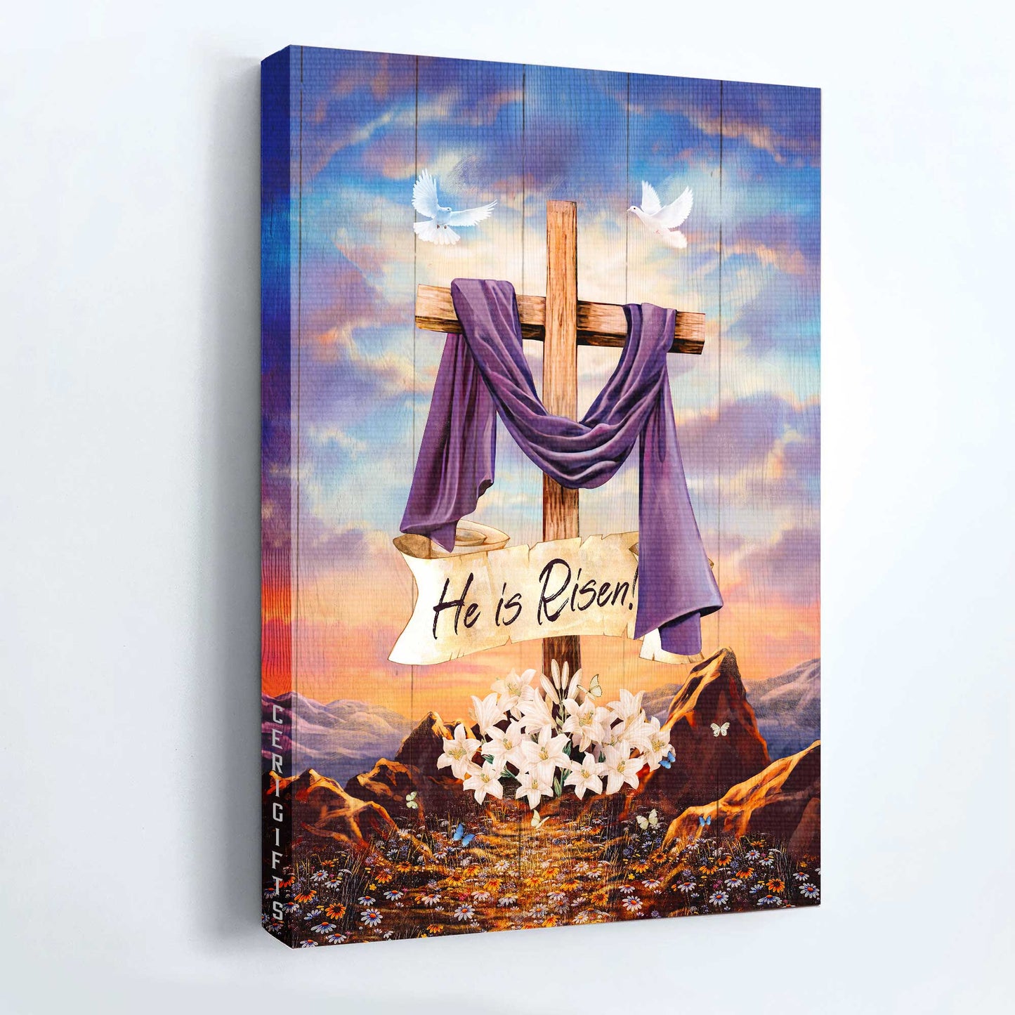 Jesus Portrait Canvas - Big cross, Purple ribbon, Lily flower drawing, White dove Portrait Canvas - Gift For Christian - He is risen Portrait Canvas