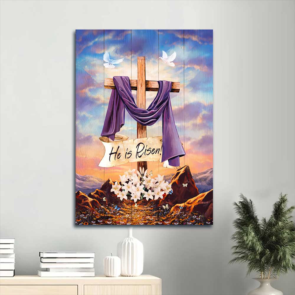 Jesus Portrait Canvas - Big cross, Purple ribbon, Lily flower drawing, White dove Portrait Canvas - Gift For Christian - He is risen Portrait Canvas