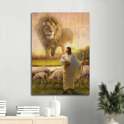 Jesus Portrait Canvas - Big lion drawing, Animal of God, Lambs painting Portrait Canvas - Gift For Christian - Walking with Jesus Portrait Canvas