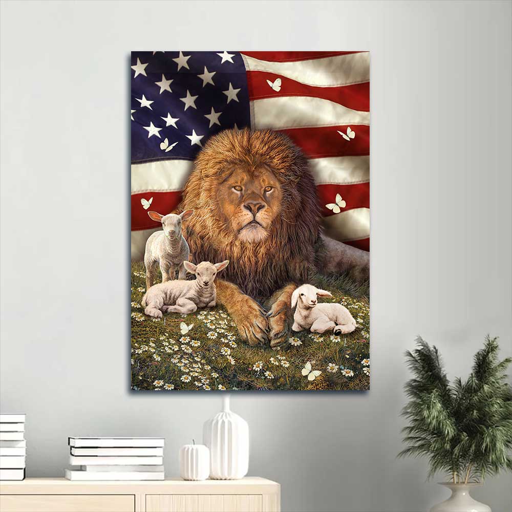 Jesus Portrait Canvas - Big lion drawing, Little lamb artwork, Beautiful US Canvas, Daisy garden Portrait Canvas - Gift For Christian - Portrait Canvas