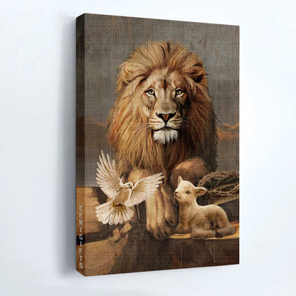 Jesus Portrait Canvas - Big lion painting, Little lamb, Beautiful dove, Jesus symbol Portrait Canvas - Gift For Christian Portrait Canvas