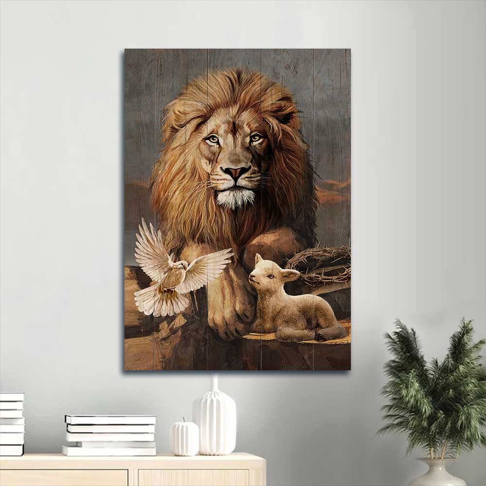 Jesus Portrait Canvas - Big lion painting, Little lamb, Beautiful dove, Jesus symbol Portrait Canvas - Gift For Christian Portrait Canvas