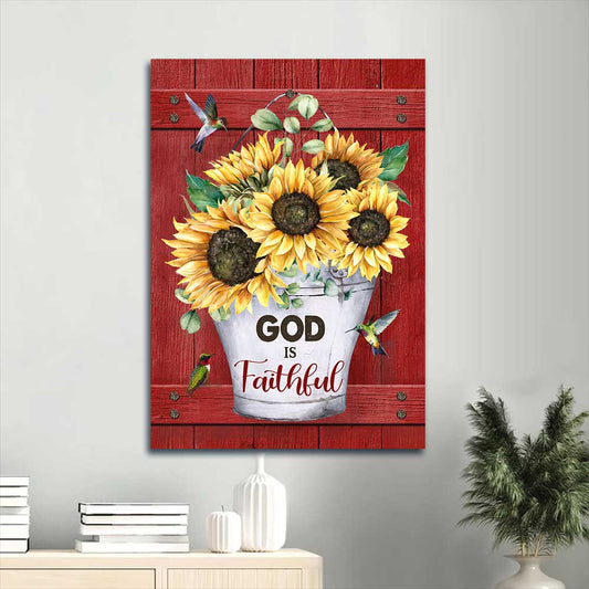 Jesus Portrait Canvas - Big sunflower, Red background, Colorful hummingbird Portrait Canvas - Gift For Christian - God is faithful Portrait Canvas