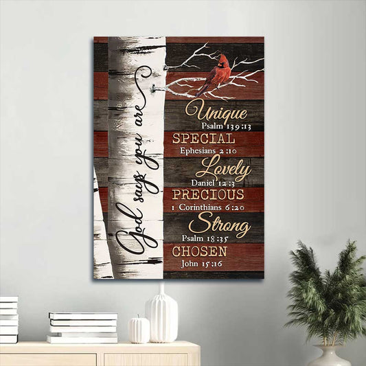 Jesus Portrait Canvas - Birch tree, Red cardinal, Vintage painting, Bible verses Portrait Canvas - Gift For Christian - God says you are Portrait Canvas