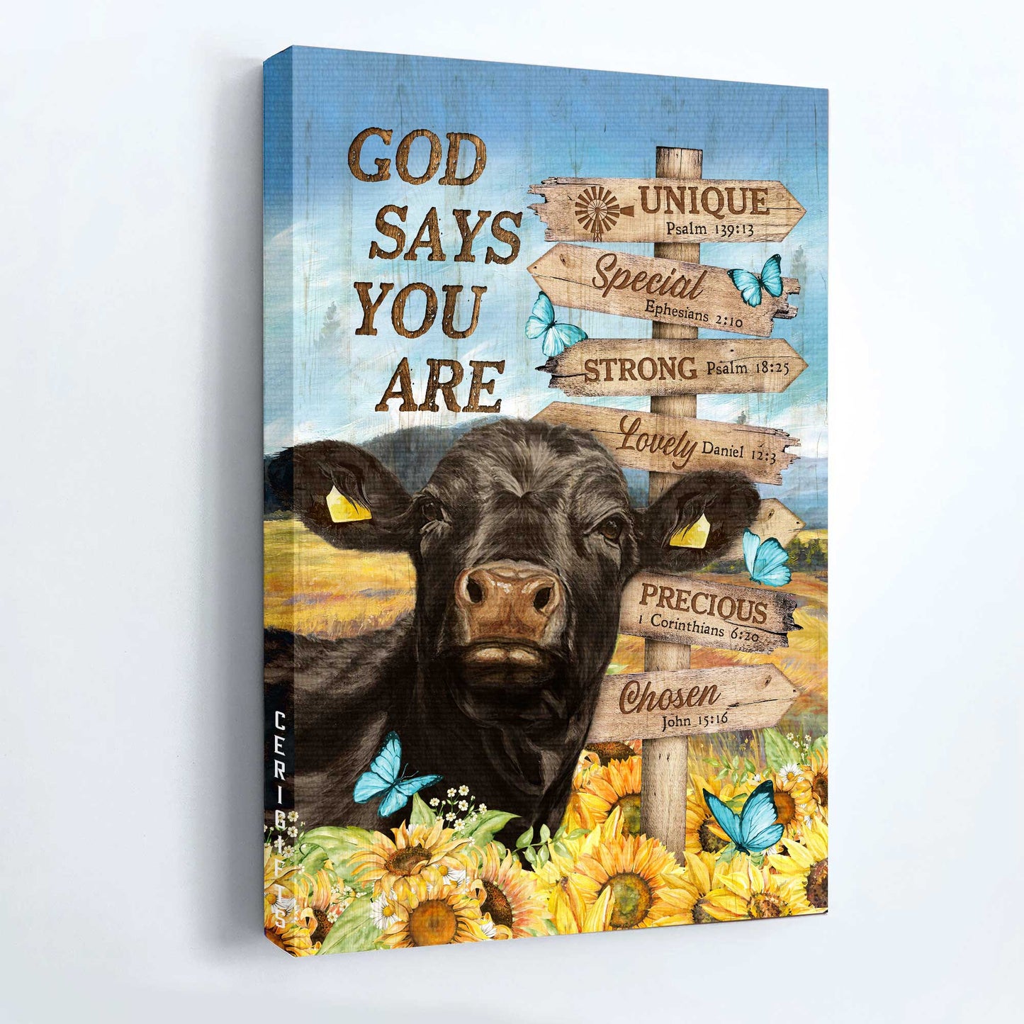 Jesus Portrait Canvas - Black cow, Sunflower field painting canvas- Gift for Christian- God says you are unique - Portrait Canvas Prints, Wall Art