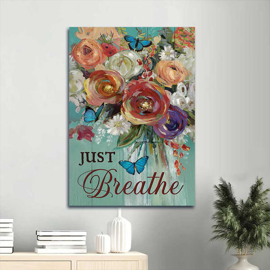 Jesus Portrait Canvas - Blue butterfly, Watercolor flower painting, Red rose, Vintage flower Portrait Canvas - Gift For Christian - Just breathe Portrait Canvas