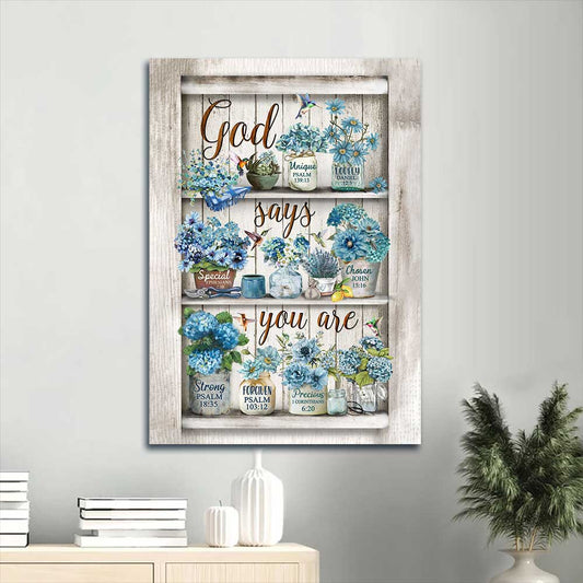 Jesus Portrait Canvas - Blue flower painting, Watercolor hummingbird, Flower garden Portrait Canvas - Gift For Christian - God says you are Portrait Canvas