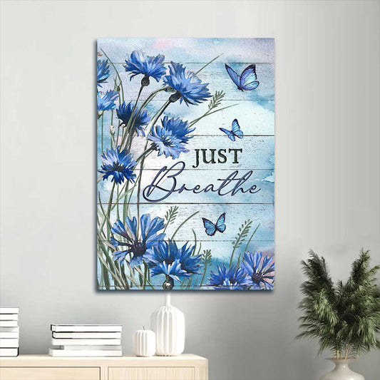 Jesus Portrait Canvas - Blue flower, Flower field, Vintage painting Portrait Canvas - Gift For Christian - Just breath Portrait Canvas
