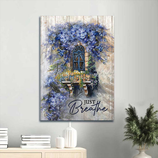 Jesus Portrait Canvas - Blue flowers, Cosmos flower, Arch door, Flower balcony Portrait Canvas - Gift For Christian - Just breathe Portrait Canvas